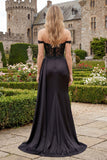Satin Black Off the Shoulder Mermaid Ruched Beaded Long Prom Dress with Slit