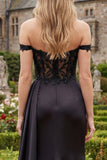 Satin Black Off the Shoulder Mermaid Ruched Beaded Long Prom Dress with Slit