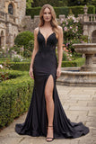 Satin Black Mermaid Beaded Long Prom Dress with Slit