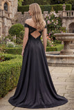 A-Line Satin Black Off the Shoulder Beaded Long Prom Dress