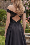 A-Line Satin Black Off the Shoulder Beaded Long Prom Dress