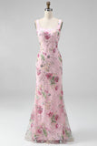 Pink Square Neck Mermaid Floral Long Prom Dress with Beading