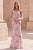Pink Square Neck Mermaid Floral Long Prom Dress with Beading