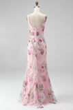 Pink Square Neck Mermaid Floral Long Prom Dress with Beading