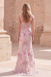 Pink Square Neck Mermaid Floral Long Prom Dress with Beading