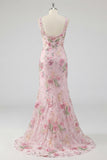 Pink Square Neck Mermaid Floral Long Prom Dress with Beading