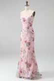 Pink Square Neck Mermaid Floral Long Prom Dress with Beading