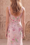 Pink Square Neck Mermaid Floral Long Prom Dress with Beading
