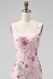 Pink Square Neck Mermaid Floral Long Prom Dress with Beading
