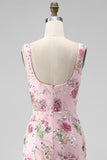 Pink Square Neck Mermaid Floral Long Prom Dress with Beading