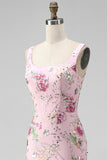 Pink Square Neck Mermaid Floral Long Prom Dress with Beading