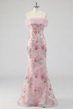 Off the Shoulder Pink Mermaid Floral Long Prom Dress with Beading