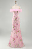 Pink Mermaid Off the Shoulder Beaded Floral Long Prom Dress with Sequins
