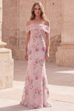 Off the Shoulder Pink Mermaid Floral Long Prom Dress with Beading