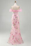 Off the Shoulder Pink Mermaid Floral Long Prom Dress with Beading