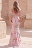 Off the Shoulder Pink Mermaid Floral Long Prom Dress with Beading