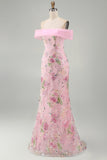 Pink Mermaid Off the Shoulder Beaded Floral Long Prom Dress with Sequins