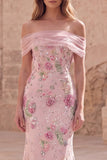 Off the Shoulder Pink Mermaid Floral Long Prom Dress with Beading