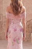 Off the Shoulder Pink Mermaid Floral Long Prom Dress with Beading