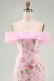 Pink Mermaid Off the Shoulder Beaded Floral Long Prom Dress with Sequins