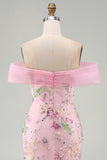 Pink Mermaid Off the Shoulder Beaded Floral Long Prom Dress with Sequins