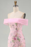 Off the Shoulder Pink Mermaid Floral Long Prom Dress with Beading