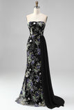 Strapless Pink Mermaid Beaded Floral Long Prom Dress with Sash
