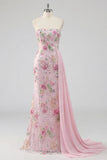 Strapless Pink Mermaid Beaded Floral Long Prom Dress with Sash