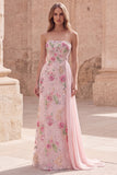 Strapless Pink Mermaid Beaded Floral Long Prom Dress with Sash