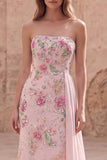 Strapless Pink Mermaid Beaded Floral Long Prom Dress with Sash