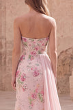 Strapless Pink Mermaid Beaded Floral Long Prom Dress with Sash