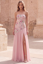 Strapless Pink A-Line Beaded Floral Long Prom Dress with Slit