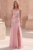 Strapless Pink A-Line Beaded Floral Long Prom Dress with Slit