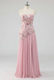 Strapless Pink A-Line Beaded Floral Long Prom Dress with Slit