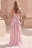 Strapless Pink A-Line Beaded Floral Long Prom Dress with Slit