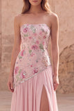Strapless Pink A-Line Beaded Floral Long Prom Dress with Slit