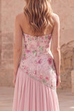 Strapless Pink A-Line Beaded Floral Long Prom Dress with Slit