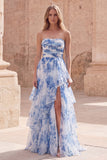 White Blue Flower Strapless A-Line Tiered Ruffled Long Prom Dress with Slit