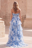 White Blue Flower Strapless A-Line Tiered Ruffled Long Prom Dress with Slit