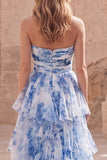 White Blue Flower Strapless A-Line Tiered Ruffled Long Prom Dress with Slit