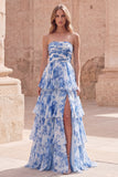 Strapless A-Line White Blue Flower Tiered Ruched Long Prom Dress with Slit