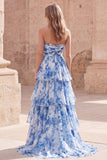 Strapless A-Line White Blue Flower Tiered Ruched Long Prom Dress with Slit