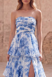Strapless A-Line White Blue Flower Tiered Ruched Long Prom Dress with Slit