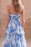 Strapless A-Line White Blue Flower Tiered Ruched Long Prom Dress with Slit