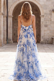 A-Line White Blue Flower Chiffon Spaghetti Straps Long Prom Dress