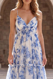 A-Line White Blue Flower Chiffon Spaghetti Straps Long Prom Dress