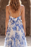 A-Line White Blue Flower Chiffon Spaghetti Straps Long Prom Dress