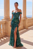 Sparkly Mermaid Dark Green Off the Shoulder Sequins Long Prom Dress