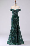 Sparkly Mermaid Dark Green Off the Shoulder Sequins Long Prom Dress