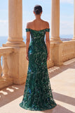 Sparkly Mermaid Dark Green Off the Shoulder Sequins Long Prom Dress